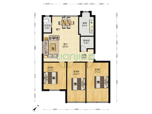浩然公寓 3室1厅2卫 101平方