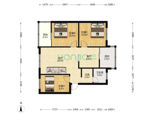 五台路3号 3室2厅1卫 77平方