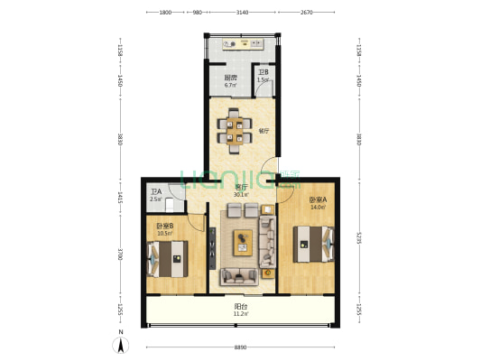 省监察厅家属院 2室1厅2卫 90平方