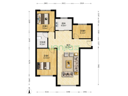 南北通透三居，精装修自住标准。楼层好。-户型图