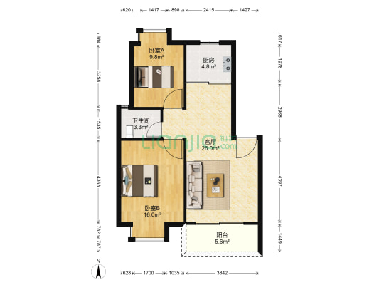 珠光苑 2室1厅1卫 74平方