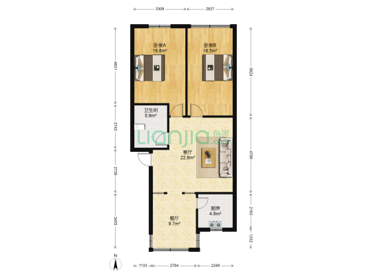 八角塘1号 2室2厅1卫 92平方