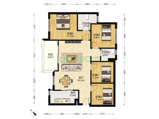 万科理想城 4室1厅2卫 96平方