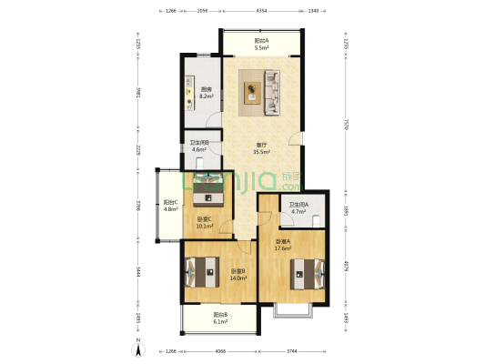 泰润公寓 3室1厅2卫 134平方