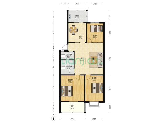 水利花园 3室2厅2卫 116平方