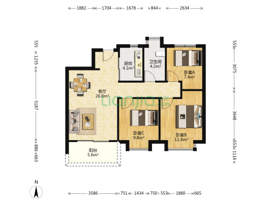 经开正荣府 3室1厅1卫 90平方