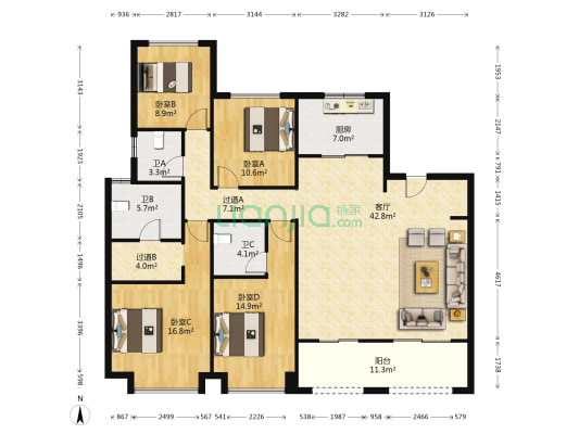 金辉世界城D区 4室1厅3卫 162平方