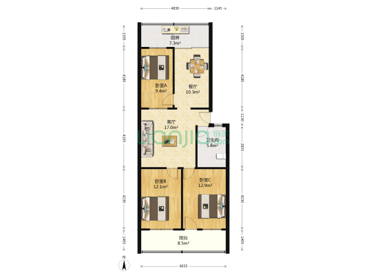 岱银小区 3室2厅1卫 89平方