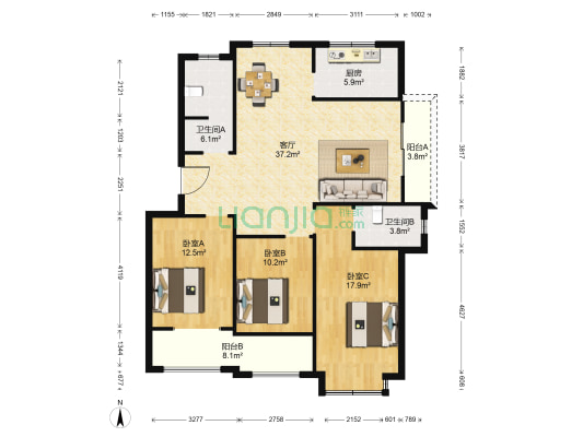 迎胜居委会回迁楼C区 3室1厅2卫 129平方