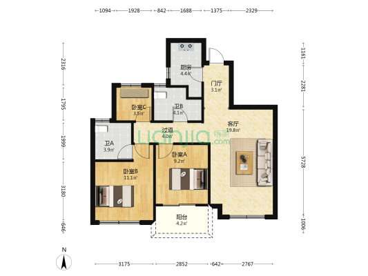 锦绣名邸南区 3室1厅2卫 89平方