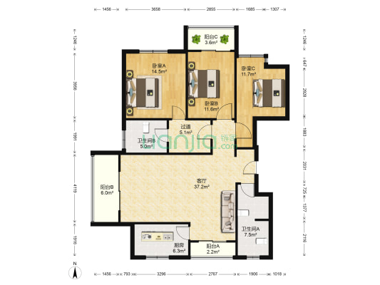 科学家园 3室1厅2卫 140平方
