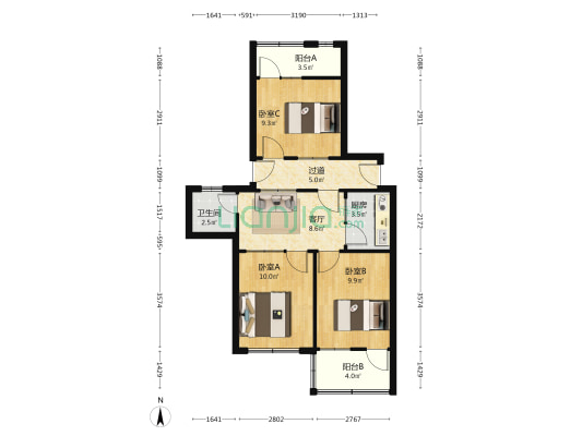 青年路小学宿舍 3室1厅1卫 66平方