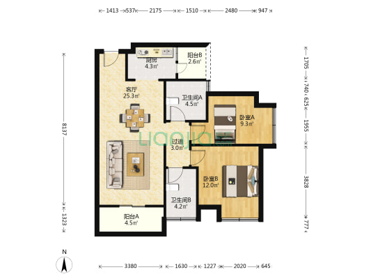 雨花香府 2室1厅2卫 87平方
