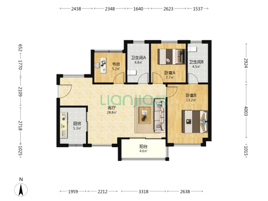 大华城东瀚 3室1厅2卫 88平方