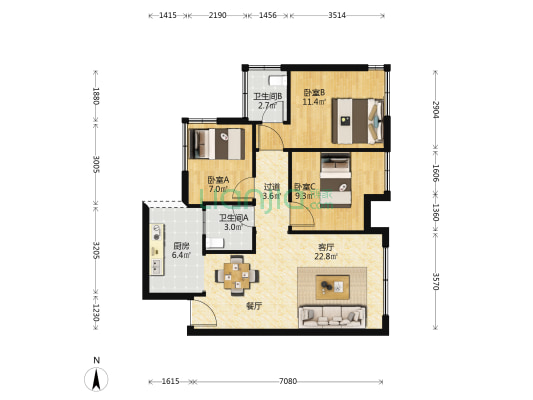 玫瑰佳恒一品 3室1厅2卫 82平方