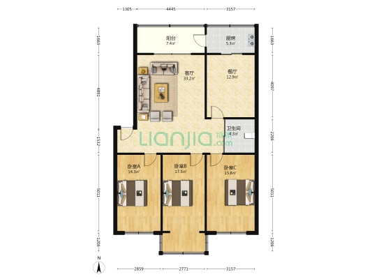社会科学院宿舍 3室2厅1卫 127平方