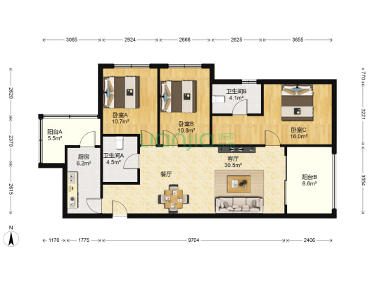 万科公园里 3室1厅2卫 102平方