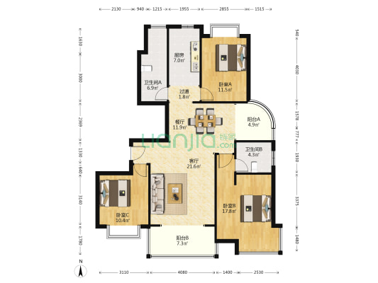 阳城书院 3室2厅2卫 127平方