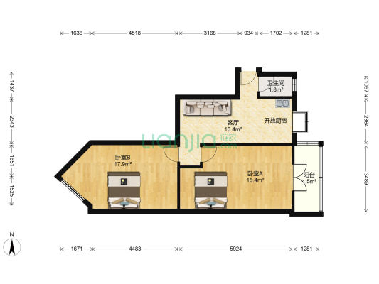 粮食车队宿舍 2室1厅1卫 73平方