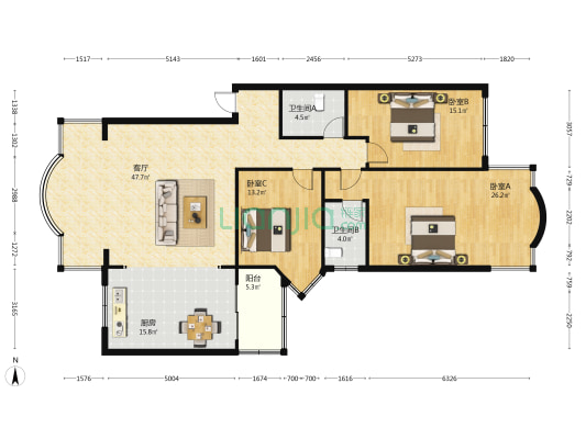 人民日报社宿舍 3室1厅2卫 153平方