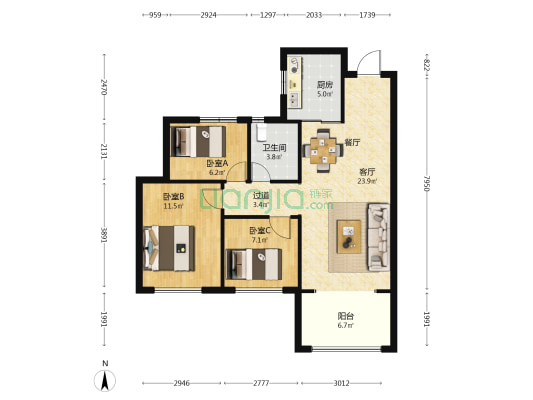 中联城二期 3室1厅1卫 89平方