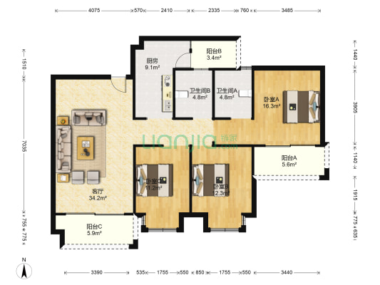 亲亲里 3室1厅2卫 129平方