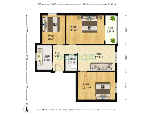 西藏二路 3室1厅1卫 89平方