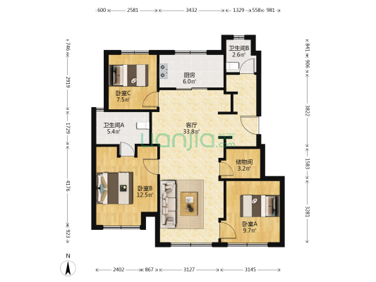 万科翡翠四季C1区 3室1厅2卫 96平方