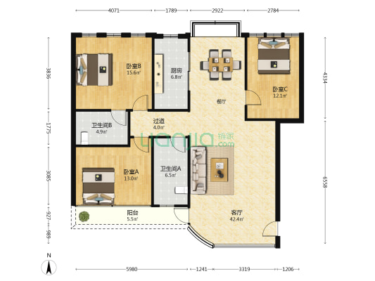 香港时代广场 3室1厅2卫 118平方