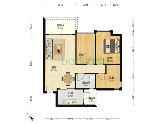 宏诚海峰花园 3室1厅1卫 87平方