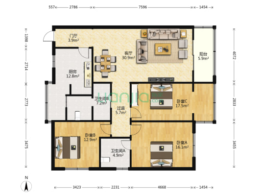 南海大厦 3室1厅2卫 146平方
