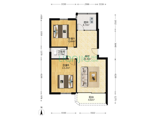 商业北一街 2室1厅1卫 76平方