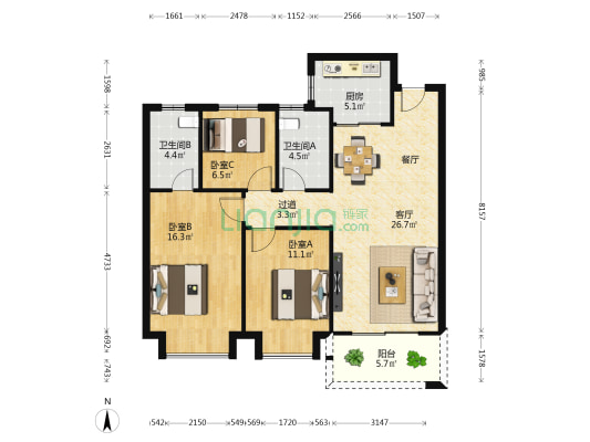 武汉城建万科万维天地 3室1厅2卫 119平方