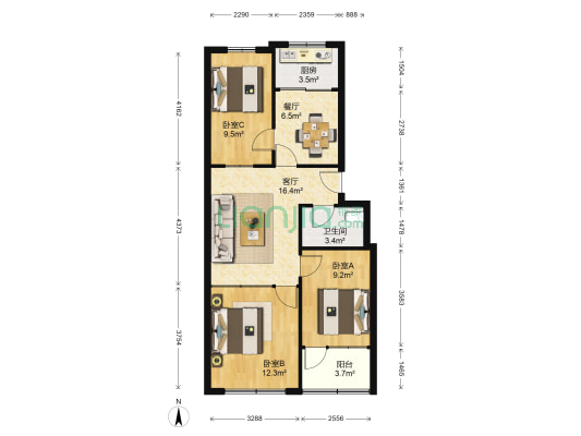文化新村 3室2厅1卫 83平方