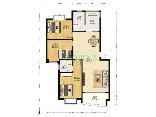 俊雅花园 3室1厅2卫 108平方