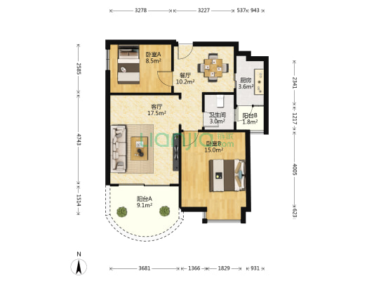 南湖国际广场 2室2厅1卫 89平方