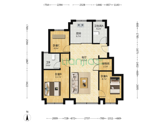 万科公园都会三期 3室1厅2卫 103平方