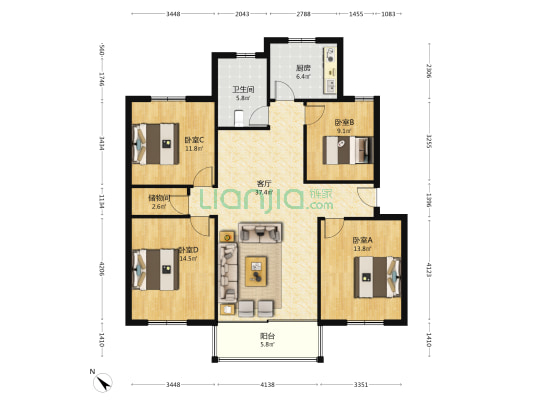 长冶路二段9号 4室1厅1卫 124平方