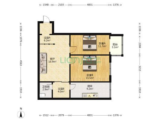 桃园市政府宿舍 2室1厅1卫 88平方
