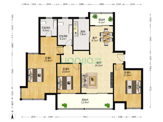 汇智湖畔家园 3室2厅2卫 148平方