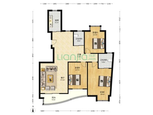 新湖银园 3室1厅2卫 138平方