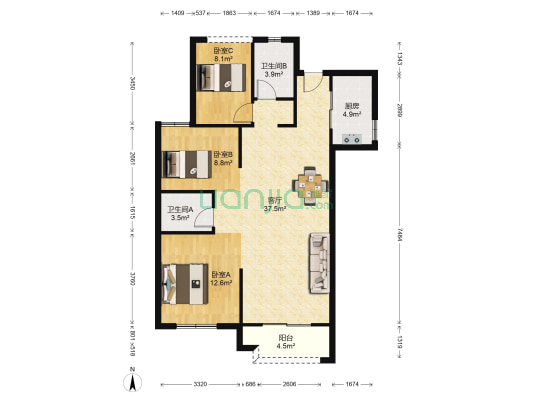 佳源巴黎都市(二期) 3室1厅2卫 106平方