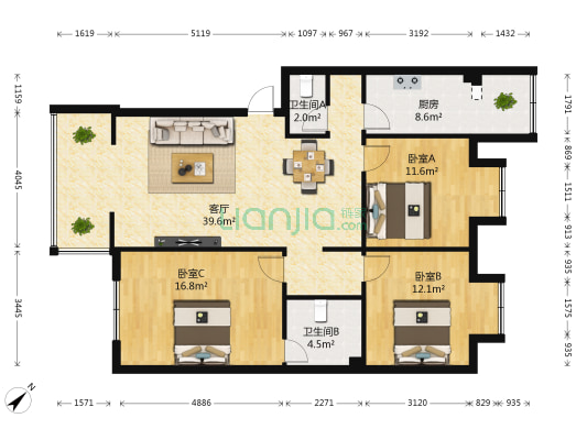 鹃城园四期 3室1厅2卫 106平方