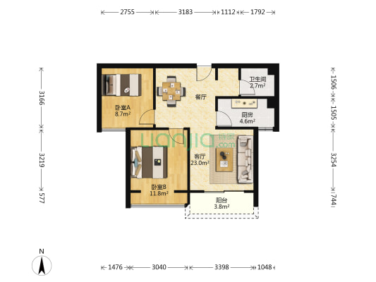 绿地中央广场 2室1厅1卫 74平方