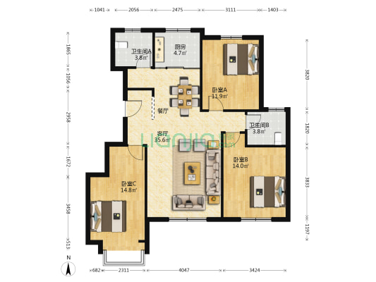 锦厦新城一期 3室1厅2卫 115平方