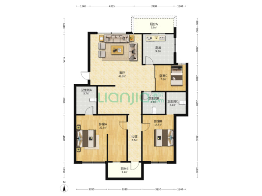 二轻局宿舍 3室1厅3卫 151平方