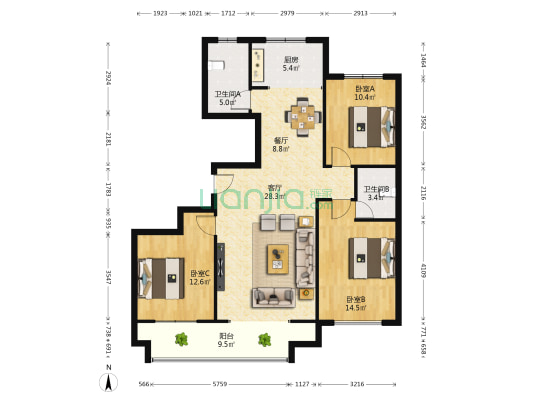 尚水苑北区 3室2厅2卫 129平方
