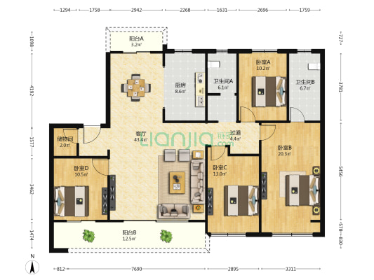 锦粼鸣庐 4室1厅2卫 169平方