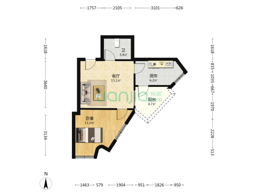 庆阳大厦 1室1厅1卫 56平方