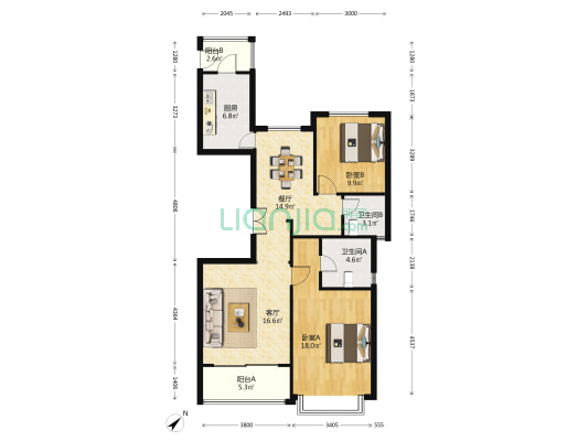 宝华城市晶典 2室2厅2卫 117平方